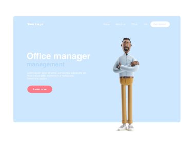 3d illustration. Businessman Stanley stand on blue background. Web banner, start site page, infographics, concept.