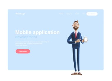 3d illüstrasyon. Cep telefonu ile yakışıklı bir işadamıportresi. Web banner, başlangıç sitesi sayfası, infographics, mobil uygulama kavramı.