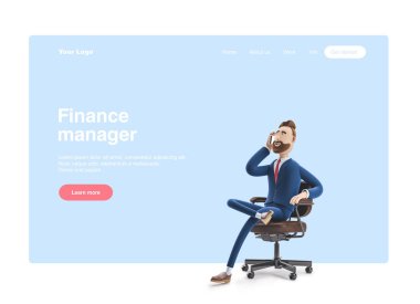 3d illüstrasyon. Telefonla ofis koltuğunda oturan yakışıklı bir işadamıportresi. Web banner, başlangıç sitesi sayfası, infographics, ofis yöneticisi kavramı.