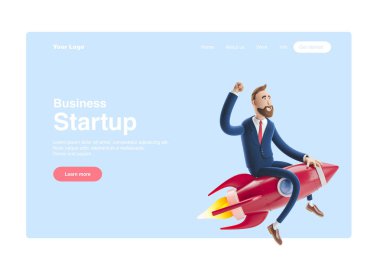 3d illüstrasyon. İşadamı Billy roketle uçuyor. İş kurma kavramı, yeni bir şirket kurma. Web banner, başlangıç sitesi sayfası, infographics, kavram.