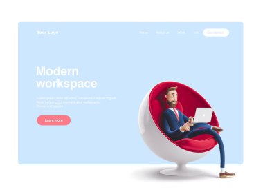 3d illüstrasyon. Yakışıklı işadamı Billy dizüstü bilgisayar ile bir yumurta sandalyede oturuyor. Web banner, başlangıç sitesi sayfası, infographics, modern çalışma alanı kavramı.