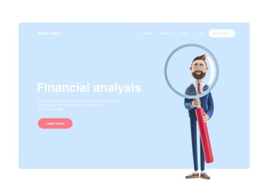 3d illustration. Portrait of a handsome businessman with magnifier. Web banner, start site page, infographics, analysis concept.