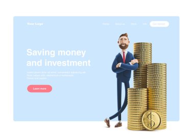 3d illüstrasyon. Bir yığın parayla yakışıklı bir işadamı Billy'nin portresi. Web afiş, başlangıç sitesi sayfası, infographics, para ve yatırım kavramı tasarrufu.