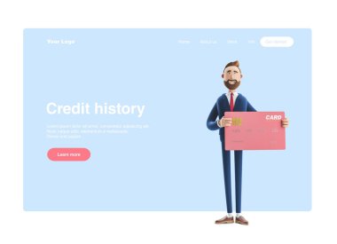 3d illüstrasyon. Pembe kredi kartı olan işadamı Billy. Web banner, başlangıç sitesi sayfası, infographics, kredi geçmişi kavramı.