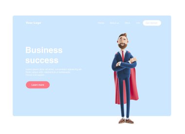 3d illüstrasyon. İşadamı Billy bir süper kahraman gibi giyinmiş. Web afiş, başlangıç sitesi sayfası, infographics, liderlik kavramı.