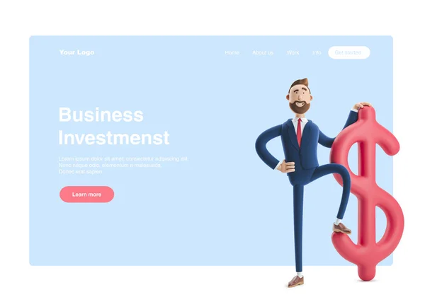 3d illustration. Businessman Billy with big dollar sign. Web banner, start site page, infographics, investments concept.