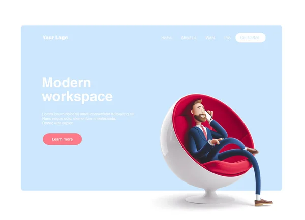3d illustration. Handsome businessman Billy sitting in an egg chair and talking on the phone. Web banner, start site page, infographics, modern workspace concept.