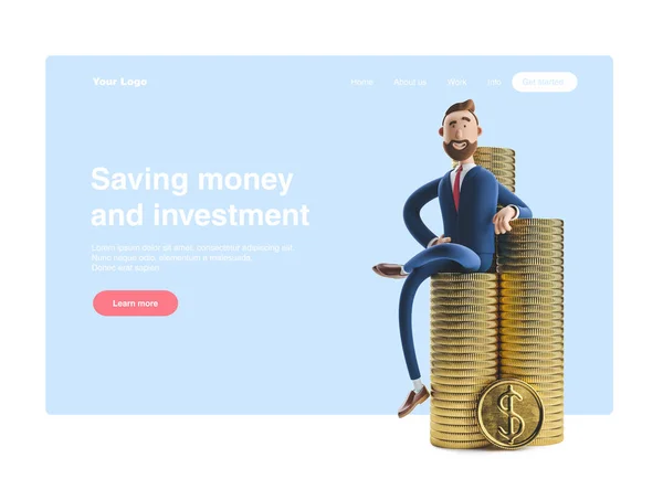 3D-Illustration. Porträt eines gutaussehenden Geschäftsmannes Billy mit einem Stapel Geld. Web-Banner, Startseite, Infografiken, Einsparungen und Investitionskonzept. — Stockfoto