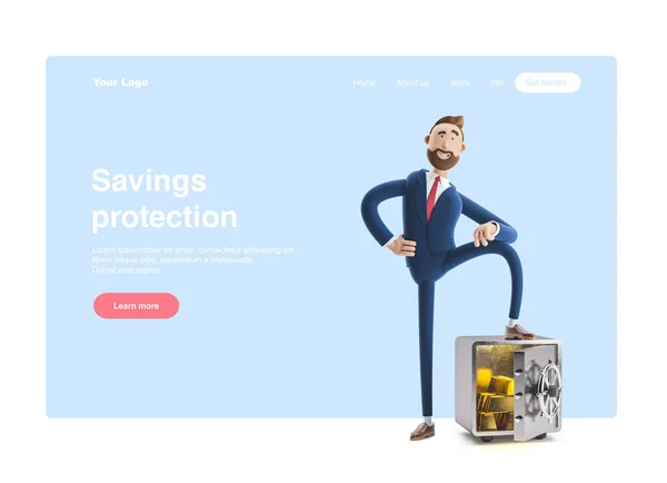 3D ilustrace. Obchodník Billy s bezpečným a zlatem. Webový nápis, úvodní stránka webu, infografika, koncepce ochrany úspor. — Stock fotografie