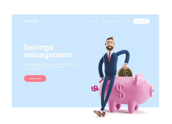 3D-illustratie. Portret van een knappe zakenman met Piggy Bank. Safe Money Storage concept. Webbanner, Startsite pagina, infographics. — Stockfoto