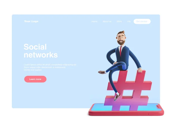 3Dイラスト。ビジネスマンのビリーは、ハッシュタグのアイコンに座っています。Web バナー、サイト ページの開始、インフォグラフィックス、ソーシャル メディアの概念. — ストック写真