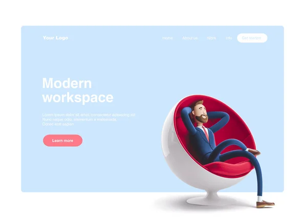 Ilustración 3d. Hombre de negocios guapo Billy sentado en una silla de huevo y descansando en una pose tranquila. Banner web, página de inicio del sitio, infografías, concepto de espacio de trabajo moderno . — Foto de Stock