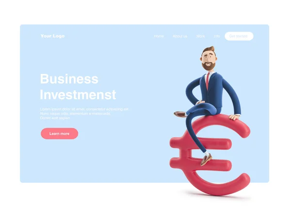 3d illustration. Businessman Billy with big euro sign. Web banner, start site page, infographics, business investments concept.