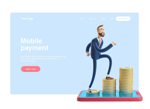 3d illustration. Businessman Billy goes to success. Concept of financial growth. Money on smartphone, coin holding. Web banner, start site page, infographics, mobile payment concept.