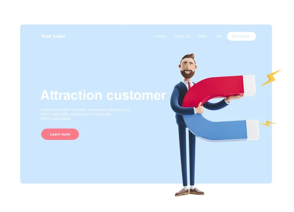 Illustrazione 3d. Ritratto di un bell'uomo d'affari con magnete. Banner web, pagina iniziale del sito, infografica, concetto di cliente attrazione . — Foto Stock