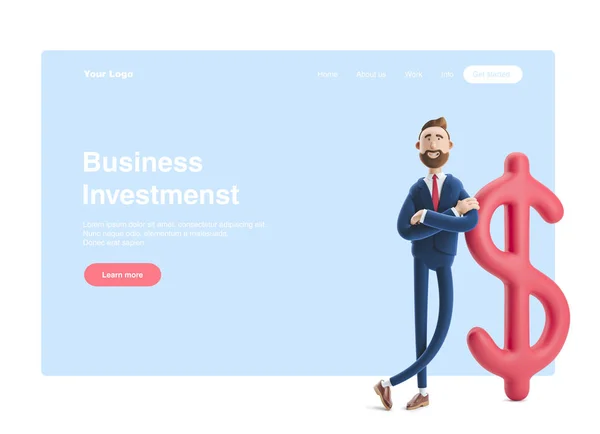 Εικονογράφηση 3D. Ο επιχειρηματίας Μπίλυ με το μεγάλο σύμβολο του δολαρίου. Banner Web, σελίδα τοποθεσίας έναρξης, ενημερωτικά γραφήματα, έννοια επενδύσεων. — Φωτογραφία Αρχείου