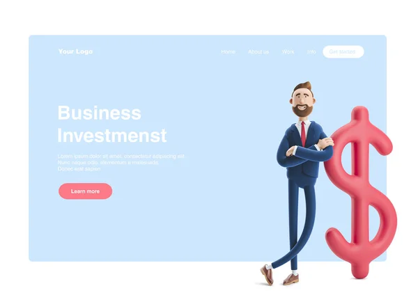 3d illustration. Businessman Billy with big dollar sign. Web banner, start site page, infographics, investments concept.