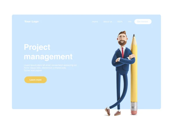 3d illustration. Businessman Billy with a big pencil. Web banner, start site page, infographics,  project management concept.