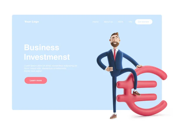 3d illustration. Businessman Billy with big euro sign. Web banner, start site page, infographics, investments concept.