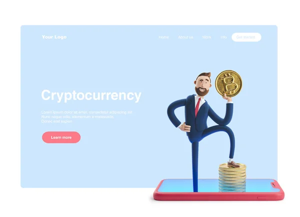 Illustrazione 3d. Uomo d'affari Billy con bitcoin. Concetto di mobile banking. Banca online. banner web, pagina iniziale del sito, infografica, Concetto di criptovaluta . — Foto Stock