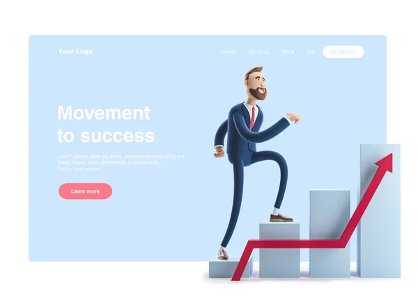 3d иллюстрация. Бизнесмен Билли добивается успеха. Концепция финансового роста. Приборная панель с анализом финансов. Веб-баннер, стартовая страница сайта, инфографика, концепция карьерной лестницы . — стоковое фото