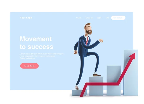 3d illustration. Businessman Billy goes to success. Concept of financial growth. Dashboard with the analysis of finance. Web banner, start site page, infographics, career ladder concept.