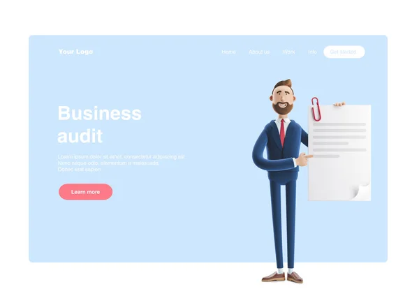 3d illustration. Handsome businessman Billy holds a completed document. Web banner, start site page, infographics, business audit concept.