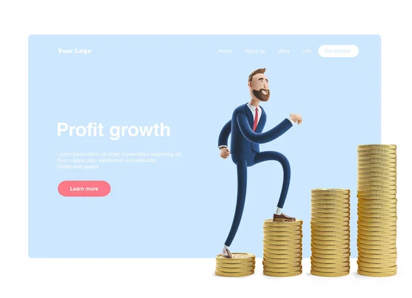 Ilustración 3d. Retrato de un hombre de negocios guapo Billy con una pila de dinero. Banner web, página de inicio del sitio, infografías, concepto de crecimiento de beneficios . —  Fotos de Stock