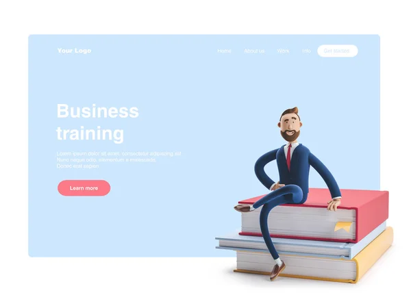 Handsome beard businessman Billy is sitting on a stack of books. The concept of business education. Web banner, start site page, infographics, business training concept.