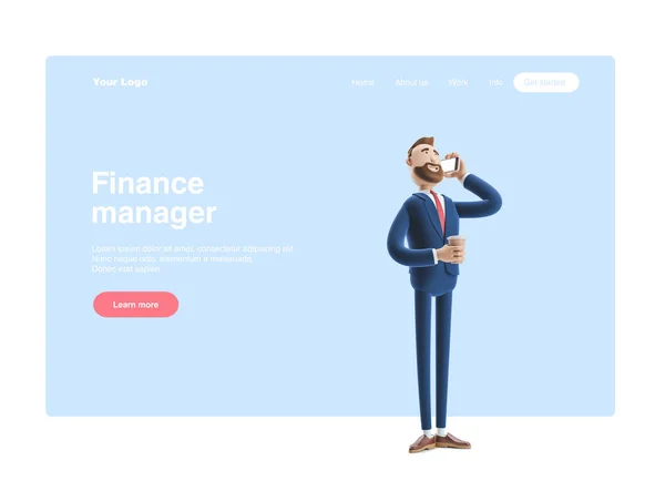 3D-Illustration. Geschäftsmann telefoniert und hält Kaffee. Web-Banner, Startseite, Infografik, Büromanagement-Konzept. — Stockfoto