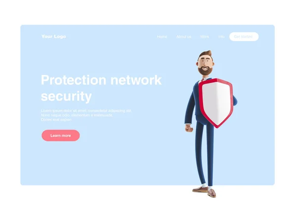 3d illustration. Businessman Billy with shield. Safety and protection in business. Web banner, start site page, infographics, concept. — Stock Photo, Image