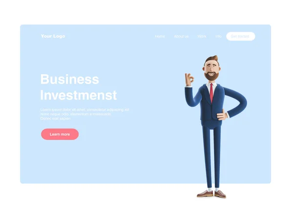 Handsome beard businessman Billy shows okay or OK gesture. Web banner, start site page, infographics, concept.