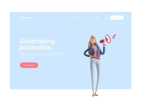 3D-illustration. Ung affärskvinna Emma stående med högtalare på en blå bakgrund. Webbbanner, startsida, infografik, reklam Promotion koncept. — Stockfoto