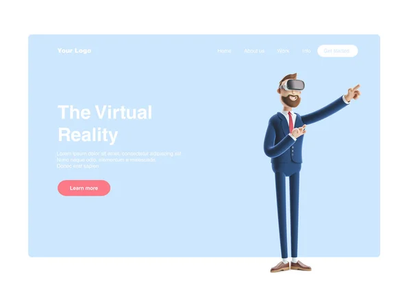 3D illusztráció. Billy üzletember használ virtuális valóság szemüveg és megható VR interfész. Web Banner, Start site oldal, infographics, VR koncepció. — Stock Fotó