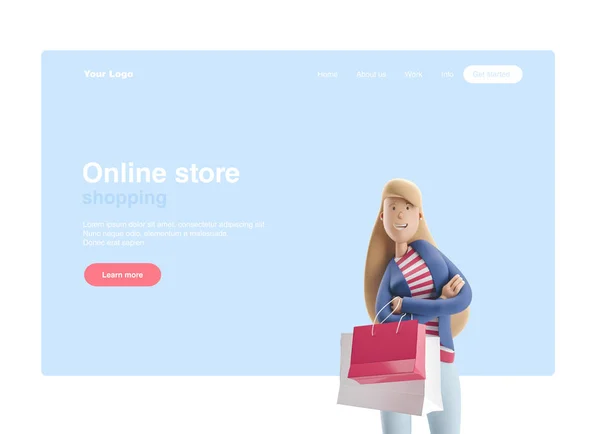 3D-illustration. Ung affärskvinna Emma stående med väskor från butiker på en blå bakgrund. Webbbanner, startsida, infografik, shopping och online shopping koncept. — Stockfoto
