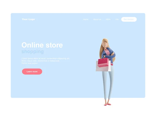 Ilustración 3d. Joven mujer de negocios Emma de pie con bolsas de las tiendas sobre un fondo azul. Banner web, página de inicio del sitio, infografías, compras y concepto de compras en línea . — Foto de Stock