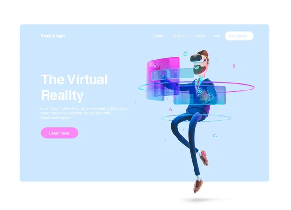 3d illustration. Businessman Billy using virtual reality glasses and touching vr interface. Web banner, start site page, infographics,vr  concept.