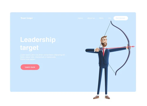 3d illustration. Handsome beard businessman Billy aiming with bow and arrow. Web banner, start site page, infographics, targeting concept.