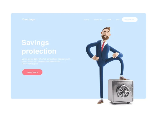 3d illustration. Businessman Billy with safe and gold. Web banner, start site page, infographics, savings protection concept.