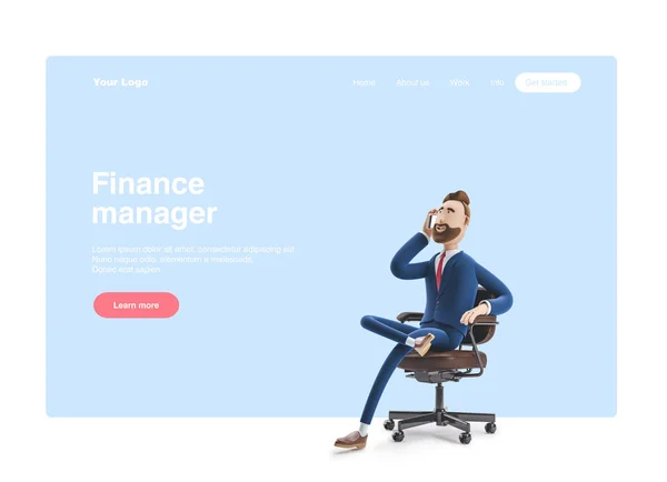 3d illustration. Portrait of a handsome businessman sitting on office chair with phone. Web banner, start site page, infographics, office manager concept. — 스톡 사진