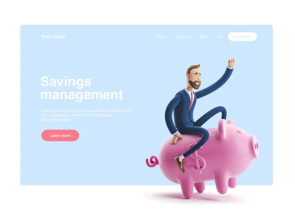 3D-illustratie. Portret van een knappe zakenman met Piggy Bank. Safe Money Storage concept. Webbanner, Startsite pagina, infographics. — Stockfoto