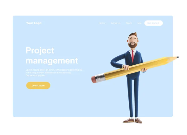 Ilustracji 3D. Biznesmen Billy z wielkim ołówkiem. Baner internetowy, Strona początkowa strony, infografika, koncepcja zarządzania projektami. — Zdjęcie stockowe