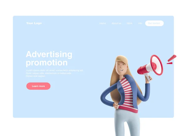 3D-illustration. Ung affärskvinna Emma stående med högtalare på en blå bakgrund. Webbbanner, startsida, infografik, reklam Promotion koncept. — Stockfoto