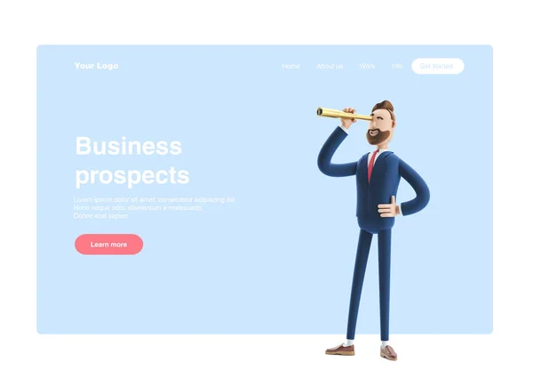 Ilustración 3d. El hombre de negocios Billy mira en el futuro con catalejo. Banner web, página de inicio del sitio, infografías, concepto de perspectivas de negocio . — Foto de Stock