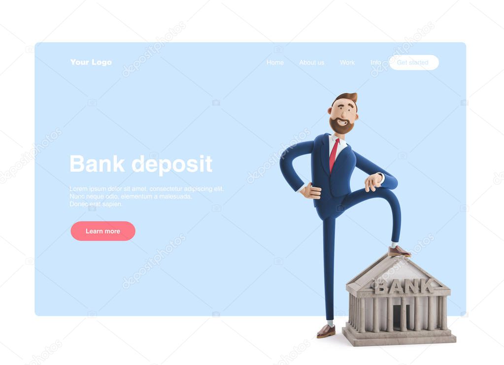 3d illustration. Portrait of a handsome businessman with bank building. Banking concept.