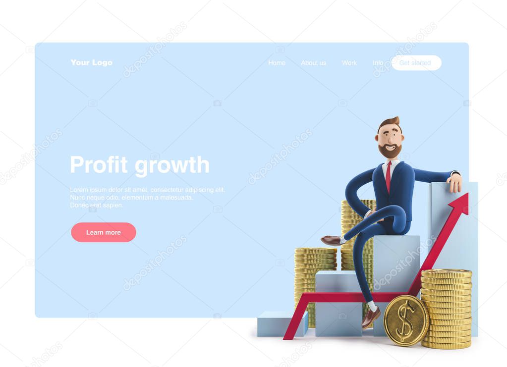 3d illustration. Businessman Billy goes to success. Concept of financial growth. Dashboard with the analysis of finance. Web banner, start site page, infographics.