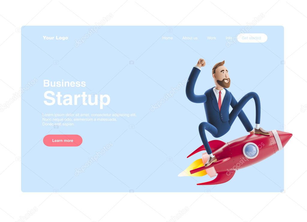3d illustration. Businessman Billy flying on a rocket up. Concept of  business startup, launching of a new company. Web banner, start site page, infographics, concept.