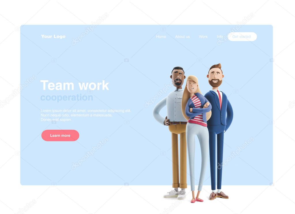 3d illustration. Group of happy business people standing on a blue background. Stanley, Emma and Billy. Web banner, start site page, infographics, teamwork concept.