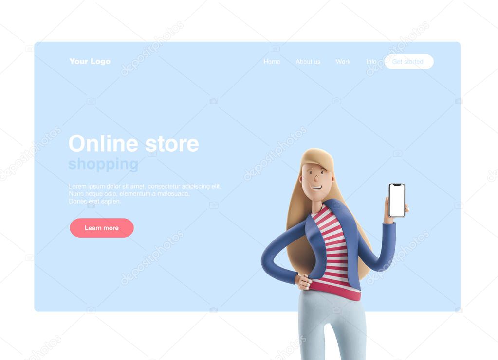 3d illustration. Young business woman Emma standing with phone on a blue background. Web banner, start site page, infographics,  online shopping concept.