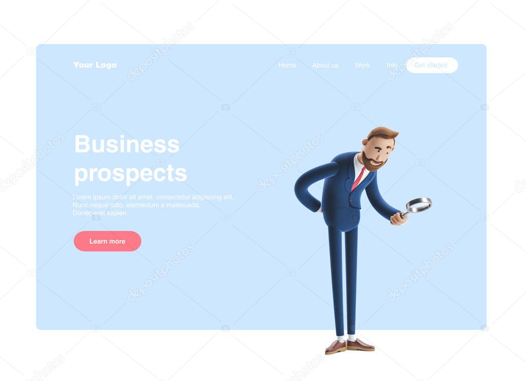 3d illustration.Businessman Billy looking at banknotes through magnifying glass. Web banner, start site page, infographics, business prospects concept.